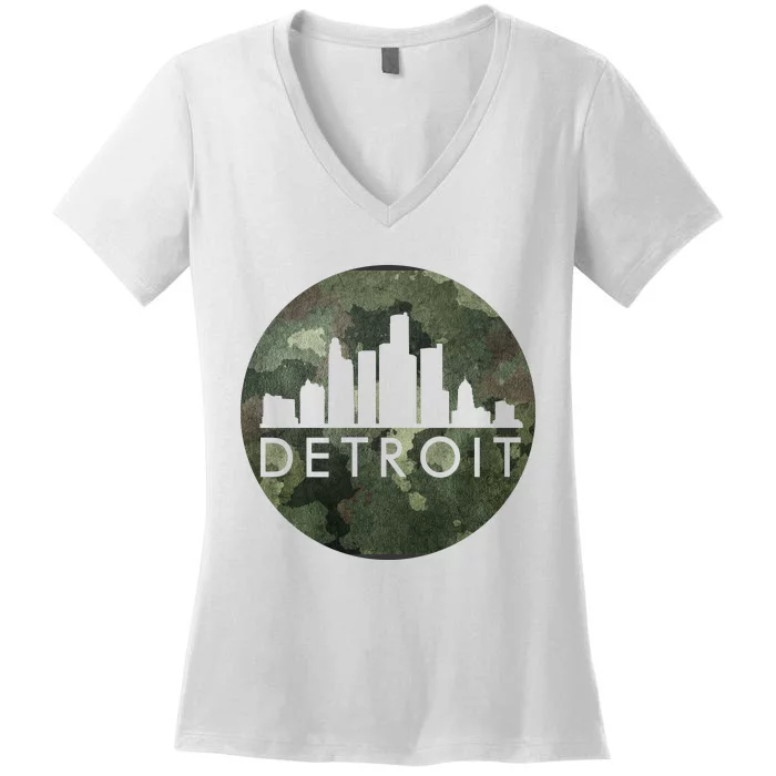 Camo Detroit Skyline Logo Women's V-Neck T-Shirt