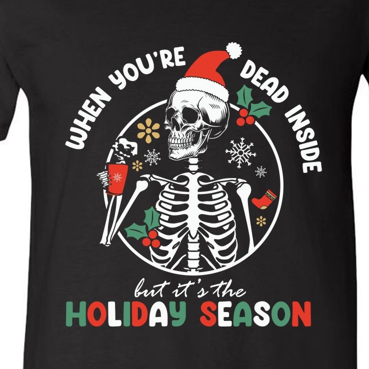 Coffee Drinking Skeleton Christmas Skull Santa Hat Xmas V-Neck T-Shirt