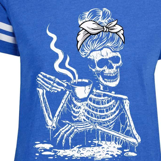 Coffee Drinking Skeleton Lazy DIY Halloween Costume Enza Ladies Jersey Football T-Shirt