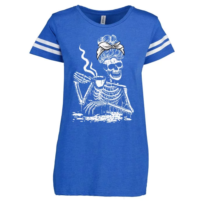 Coffee Drinking Skeleton Lazy DIY Halloween Costume Enza Ladies Jersey Football T-Shirt