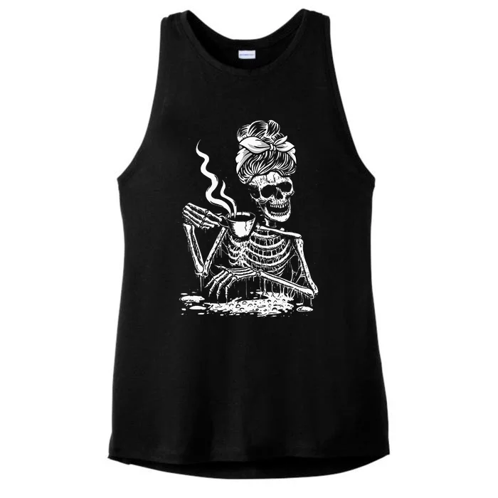 Coffee Drinking Skeleton Lazy DIY Halloween Costume Ladies Tri-Blend Wicking Tank