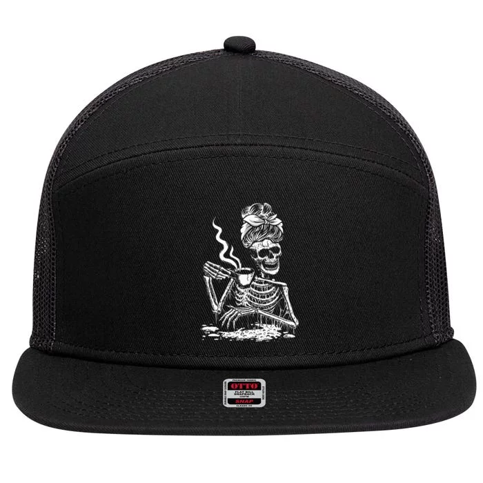 Coffee Drinking Skeleton Lazy DIY Halloween Costume 7 Panel Mesh Trucker Snapback Hat