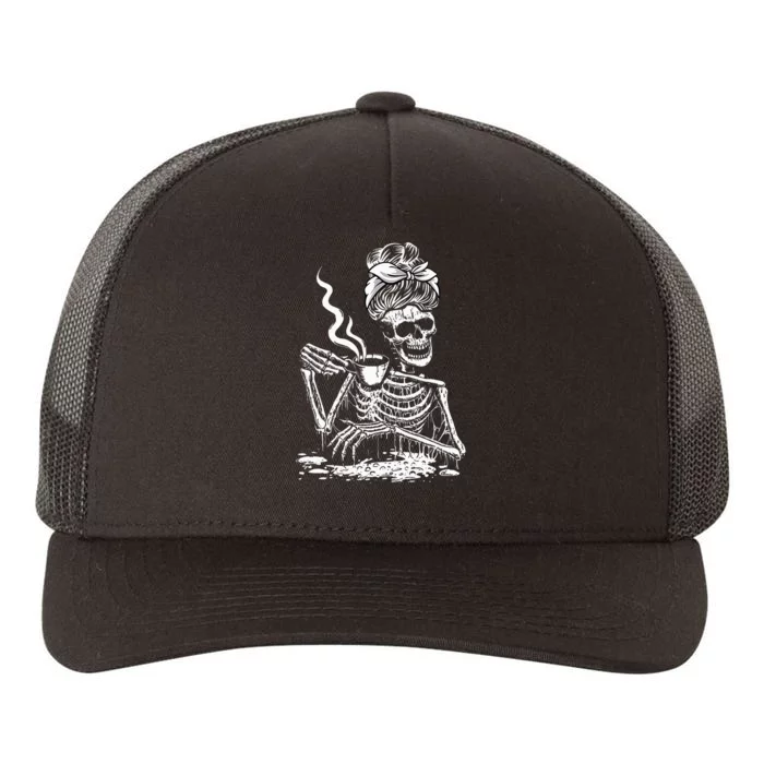 Coffee Drinking Skeleton Lazy DIY Halloween Costume Yupoong Adult 5-Panel Trucker Hat