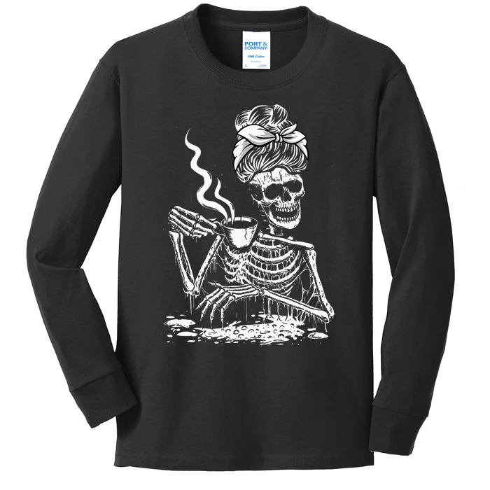 Coffee Drinking Skeleton Lazy DIY Halloween Costume Kids Long Sleeve Shirt