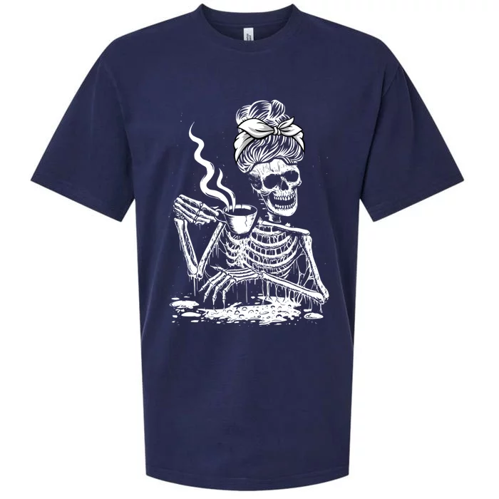 Coffee Drinking Skeleton Lazy DIY Halloween Costume Wo Sueded Cloud Jersey T-Shirt