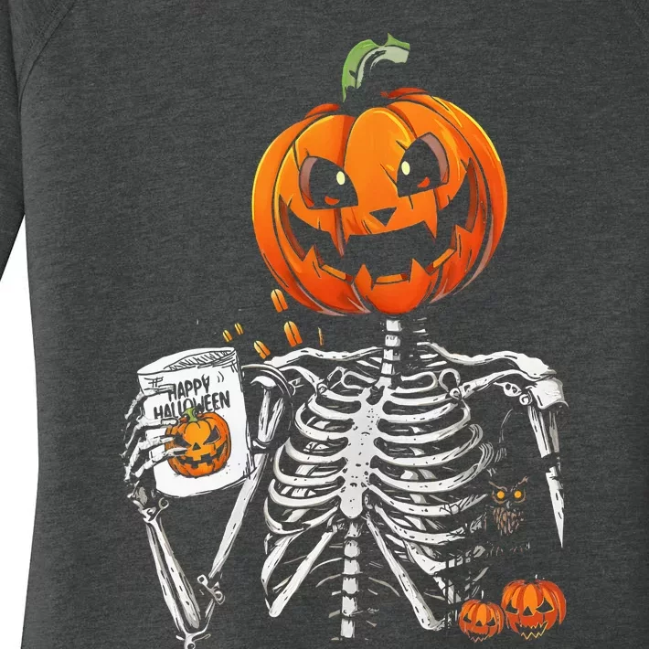 Coffee Drinking Skeleton Pumpkin Halloween Costume Women Women's Perfect Tri Tunic Long Sleeve Shirt