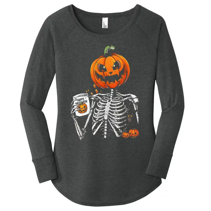 Coffee Drinking Skeleton Pumpkin Halloween Costume Women Women's Perfect Tri Tunic Long Sleeve Shirt