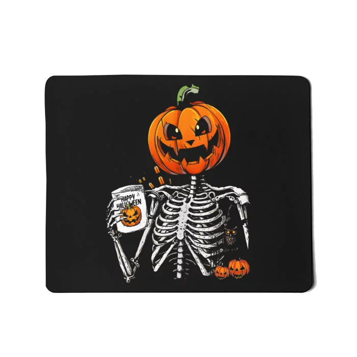 Coffee Drinking Skeleton Pumpkin Halloween Costume Women Mousepad