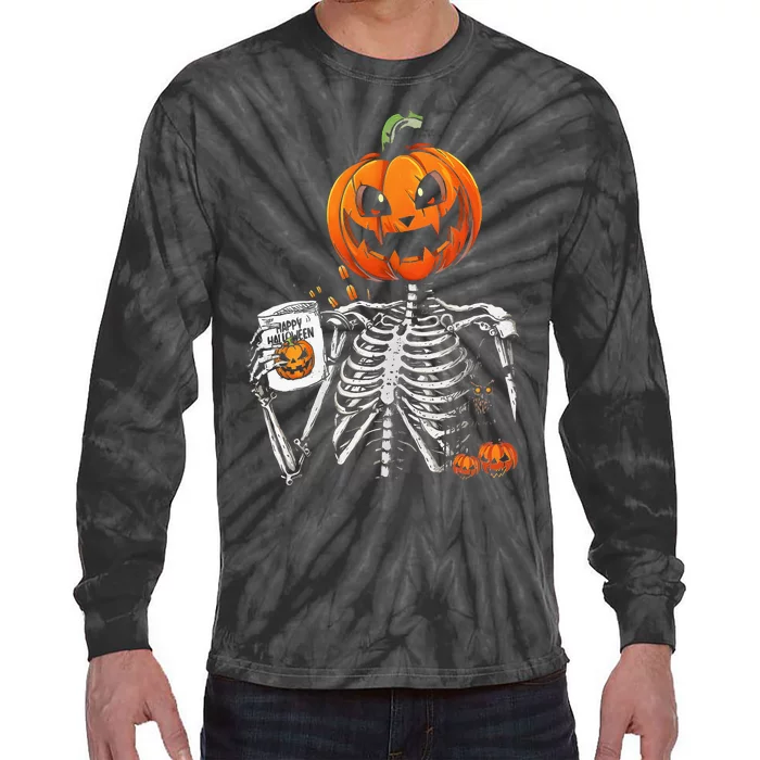 Coffee Drinking Skeleton Pumpkin Halloween Costume Women Tie-Dye Long Sleeve Shirt