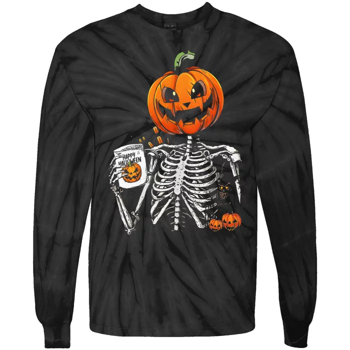 Coffee Drinking Skeleton Pumpkin Halloween Costume Women Tie-Dye Long Sleeve Shirt