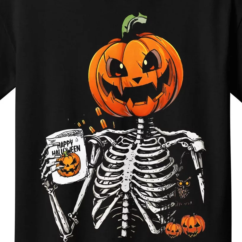 Coffee Drinking Skeleton Pumpkin Halloween Costume Women Kids T-Shirt