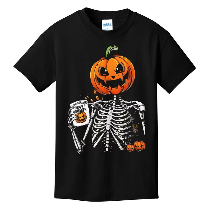 Coffee Drinking Skeleton Pumpkin Halloween Costume Women Kids T-Shirt