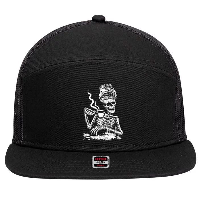 Coffee Drinking Skeleton Lazy DIY Halloween Costume 7 Panel Mesh Trucker Snapback Hat