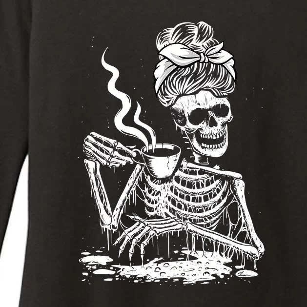 Coffee Drinking Skeleton Lazy DIY Halloween Costume Womens CVC Long Sleeve Shirt