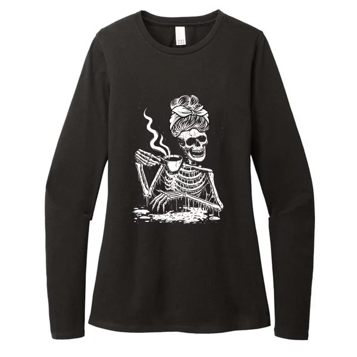 Coffee Drinking Skeleton Lazy DIY Halloween Costume Womens CVC Long Sleeve Shirt