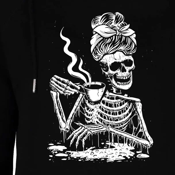 Coffee Drinking Skeleton Lazy DIY Halloween Costume Womens Funnel Neck Pullover Hood