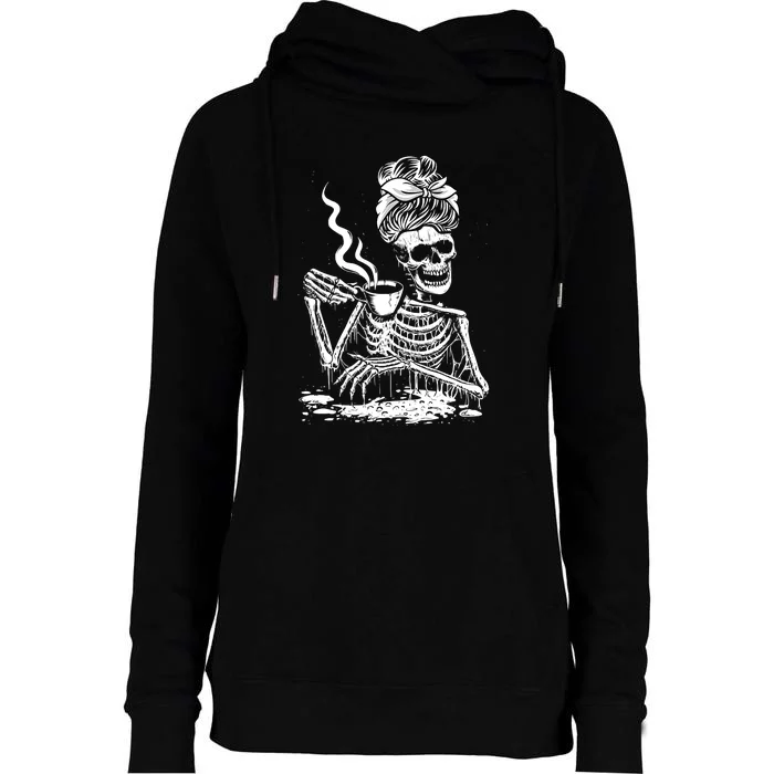 Coffee Drinking Skeleton Lazy DIY Halloween Costume Womens Funnel Neck Pullover Hood