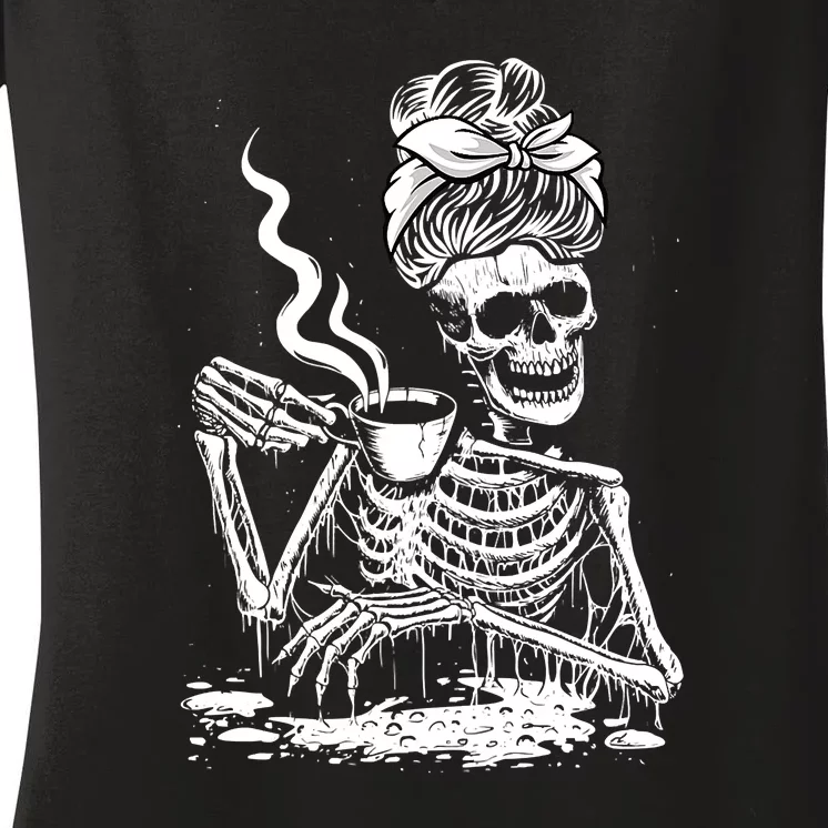 Coffee Drinking Skeleton Lazy DIY Halloween Costume Women's V-Neck T-Shirt