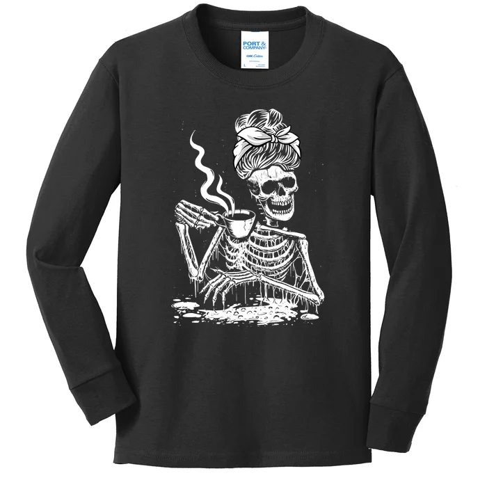 Coffee Drinking Skeleton Lazy DIY Halloween Costume Kids Long Sleeve Shirt