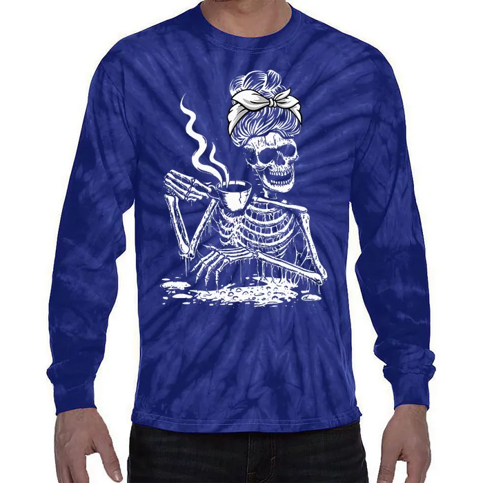 Coffee Drinking Skeleton Lazy DIY Halloween Costume Tie-Dye Long Sleeve Shirt