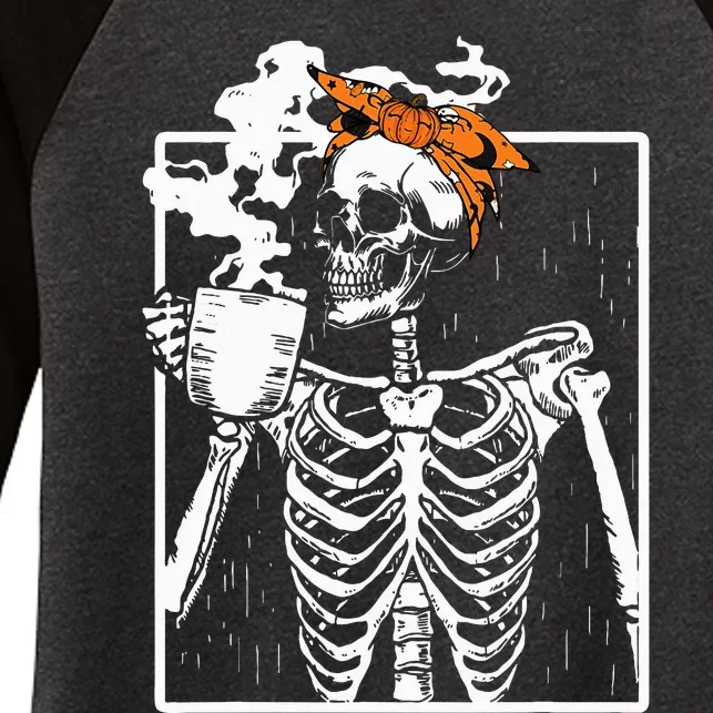 Coffee Drinking Skeleton DIY Halloween Messy Bun Women's Tri-Blend 3/4-Sleeve Raglan Shirt