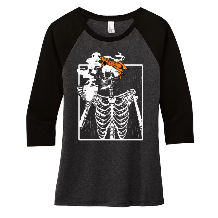 Coffee Drinking Skeleton DIY Halloween Messy Bun Women's Tri-Blend 3/4-Sleeve Raglan Shirt