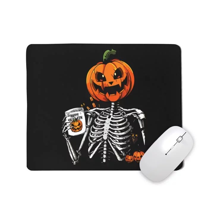 Coffee Drinking Skeleton Pumpkin Halloween Costume Mousepad