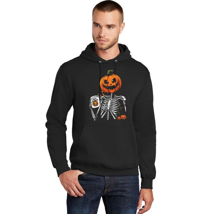 Coffee Drinking Skeleton Pumpkin Halloween Costume Tall Hoodie