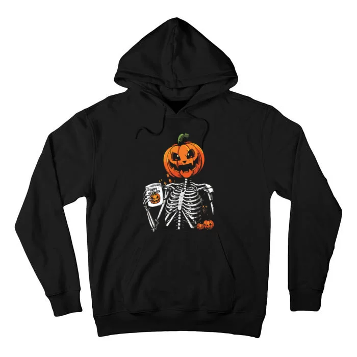 Coffee Drinking Skeleton Pumpkin Halloween Costume Tall Hoodie