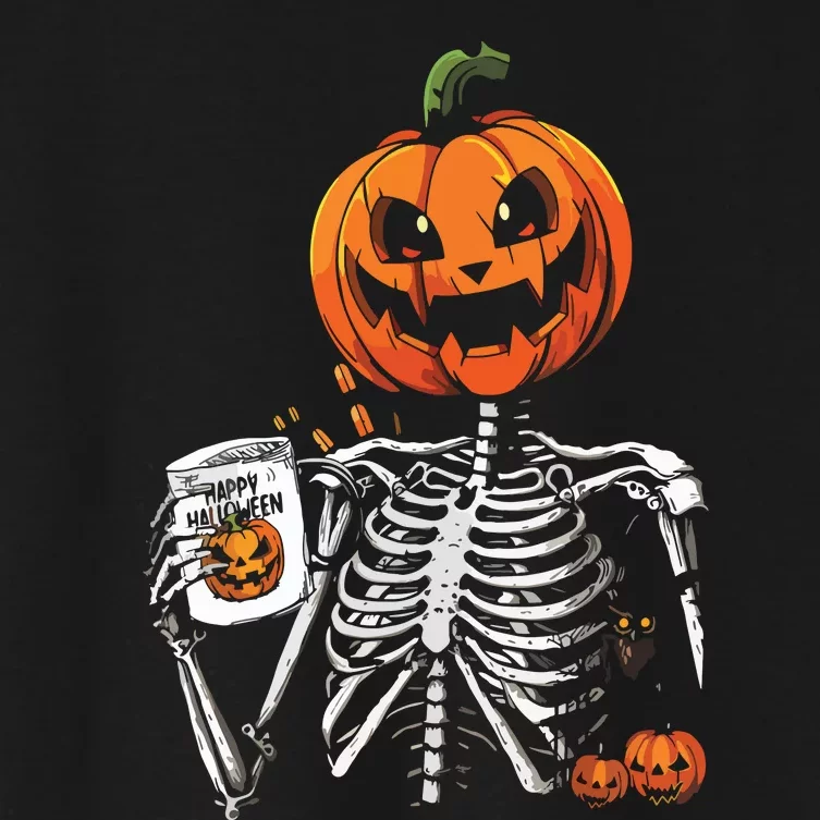 Coffee Drinking Skeleton Pumpkin Halloween Costume Women's Crop Top Tee