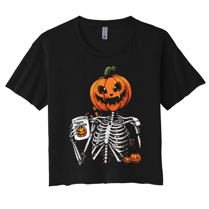 Coffee Drinking Skeleton Pumpkin Halloween Costume Women's Crop Top Tee