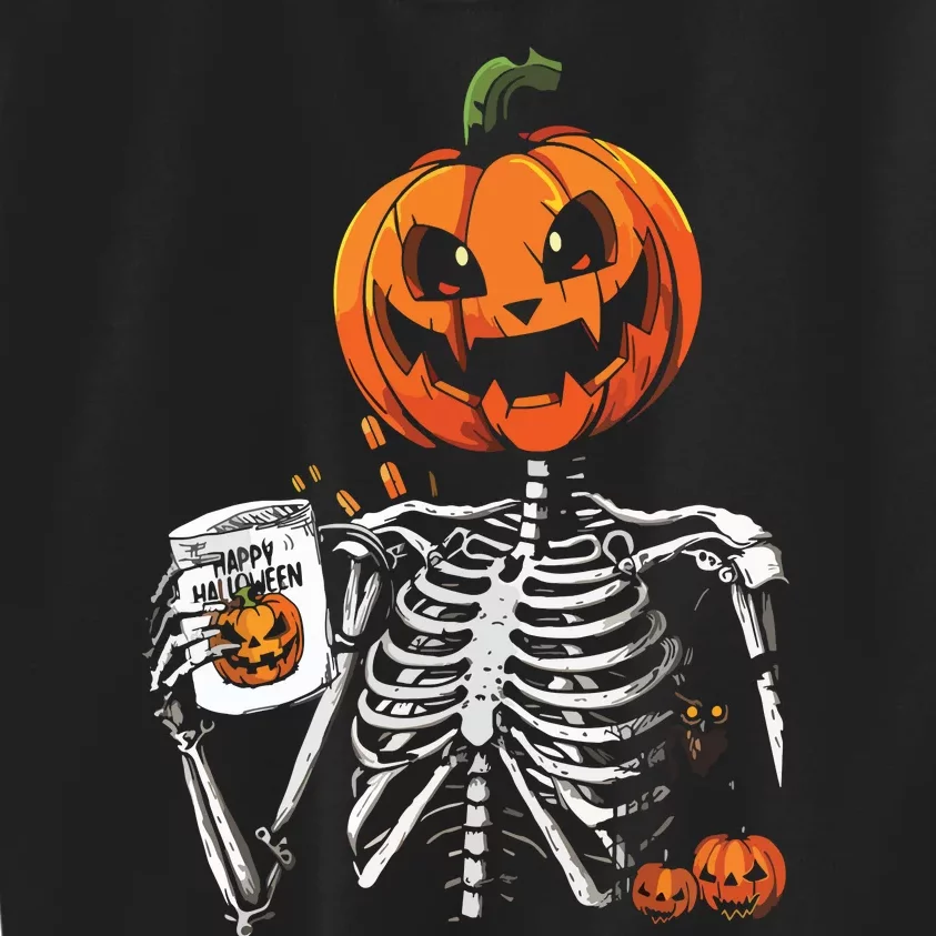 Coffee Drinking Skeleton Pumpkin Halloween Costume Kids Sweatshirt