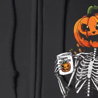 Coffee Drinking Skeleton Pumpkin Halloween Costume Full Zip Hoodie