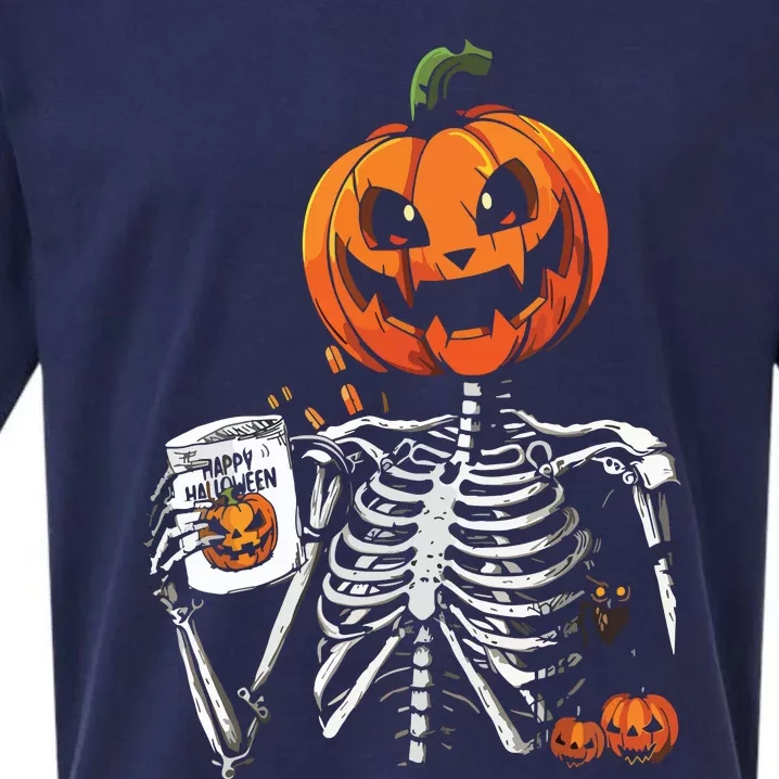 Coffee Drinking Skeleton Pumpkin Halloween Costume Sueded Cloud Jersey T-Shirt