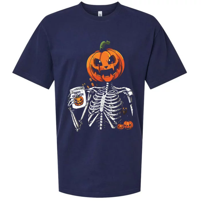 Coffee Drinking Skeleton Pumpkin Halloween Costume Sueded Cloud Jersey T-Shirt