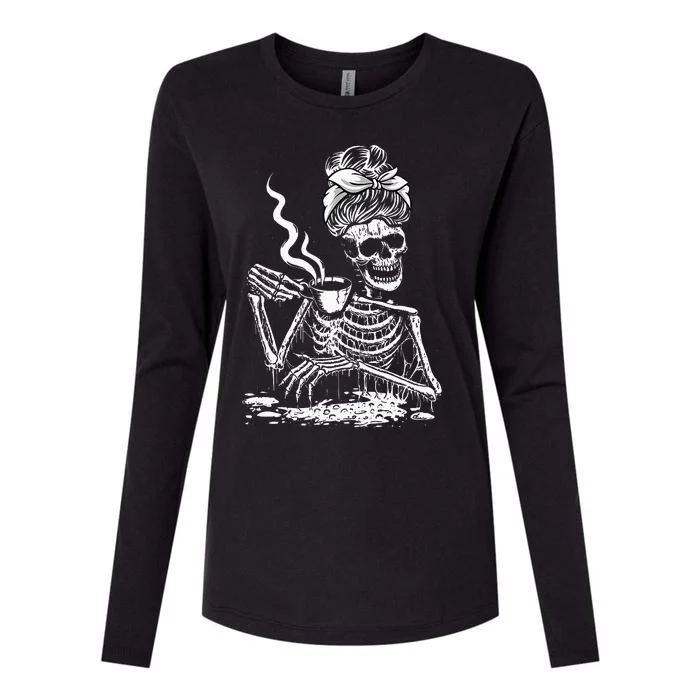 Coffee Drinking Skeleton Lazy DIY Halloween Costume Womens Cotton Relaxed Long Sleeve T-Shirt