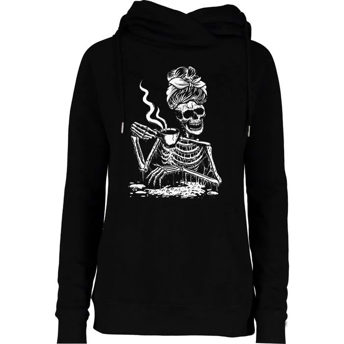 Coffee Drinking Skeleton Lazy DIY Halloween Costume Womens Funnel Neck Pullover Hood