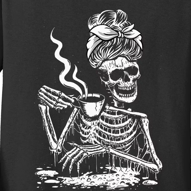 Coffee Drinking Skeleton Lazy DIY Halloween Costume Kids Long Sleeve Shirt