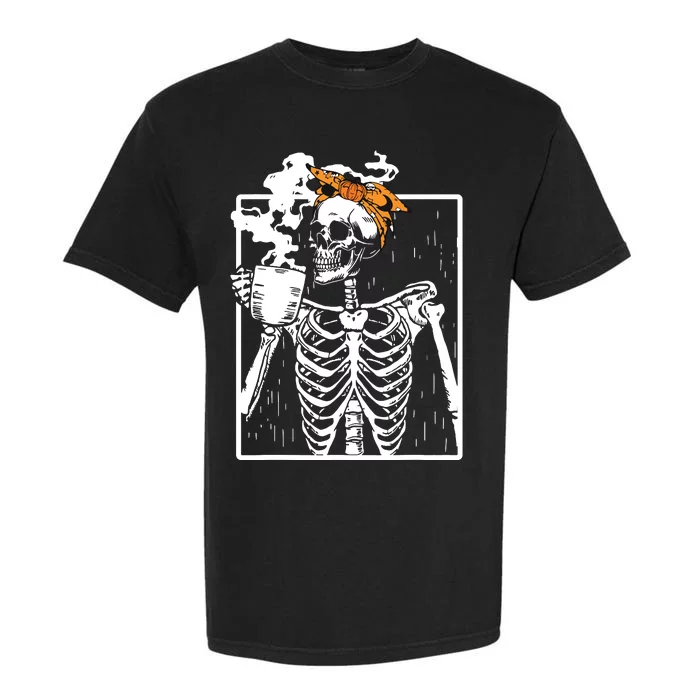 Coffee Drinking Skeleton Diy Halloween Messy Bun Women Girl Garment-Dyed Heavyweight T-Shirt