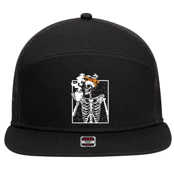 Coffee Drinking Skeleton Diy Halloween Messy Bun Women Girl 7 Panel Mesh Trucker Snapback Hat