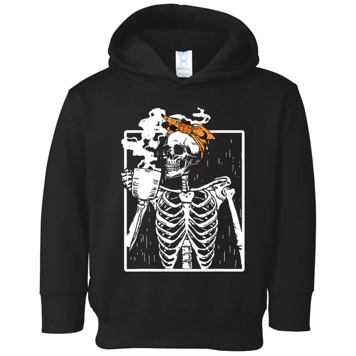 Coffee Drinking Skeleton Diy Halloween Messy Bun Women Girl Toddler Hoodie