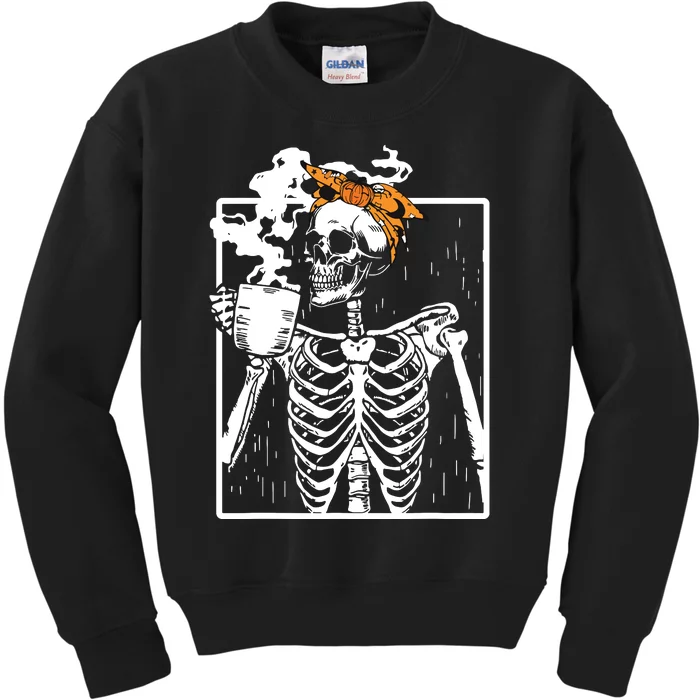 Coffee Drinking Skeleton Diy Halloween Messy Bun Women Girl Kids Sweatshirt