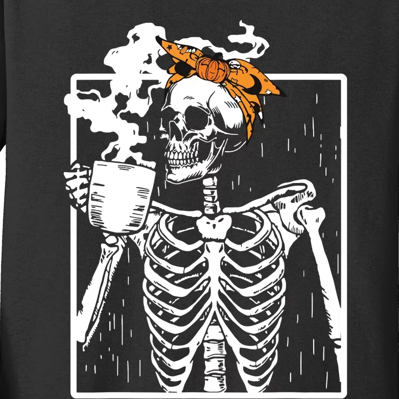 Coffee Drinking Skeleton Diy Halloween Messy Bun Women Girl Kids Long Sleeve Shirt