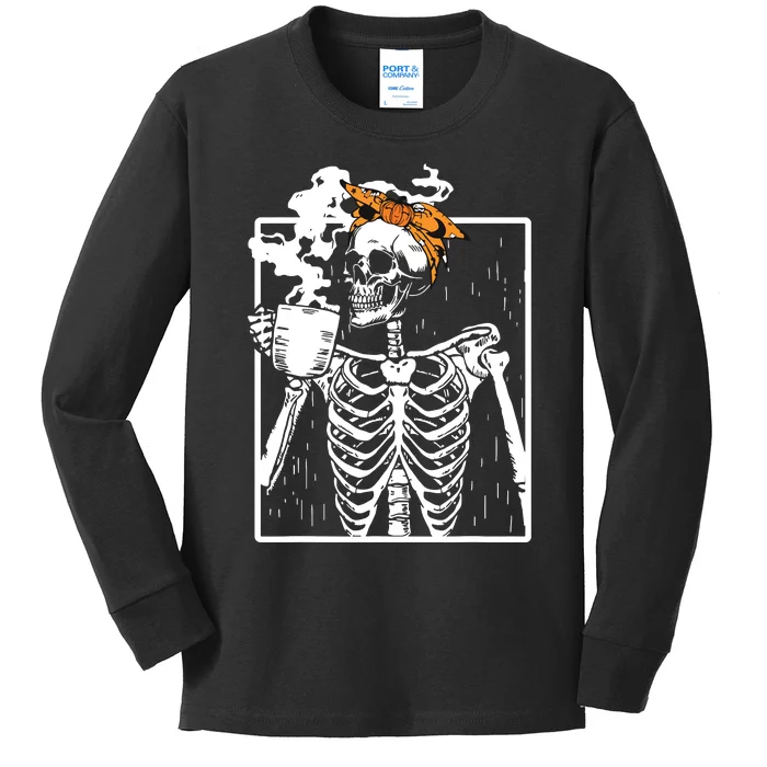 Coffee Drinking Skeleton Diy Halloween Messy Bun Women Girl Kids Long Sleeve Shirt