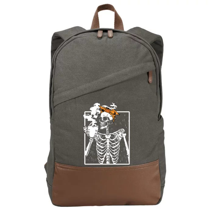 Coffee Drinking Skeleton Diy Halloween Messy Bun Women Girl Cotton Canvas Backpack