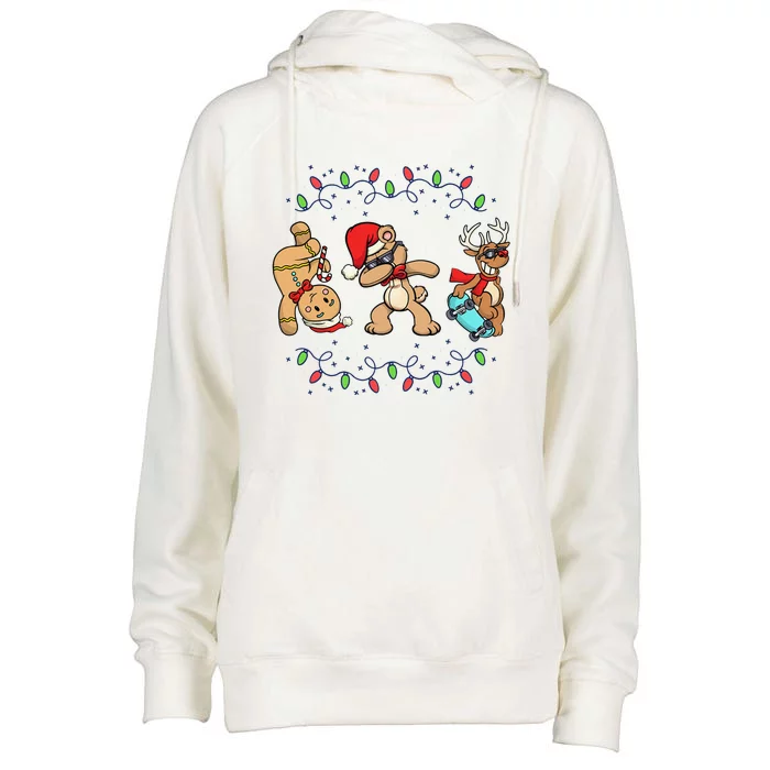 Christmas Dabbing Santa Bear Skate Reindeer Xmas Lights Womens Funnel Neck Pullover Hood