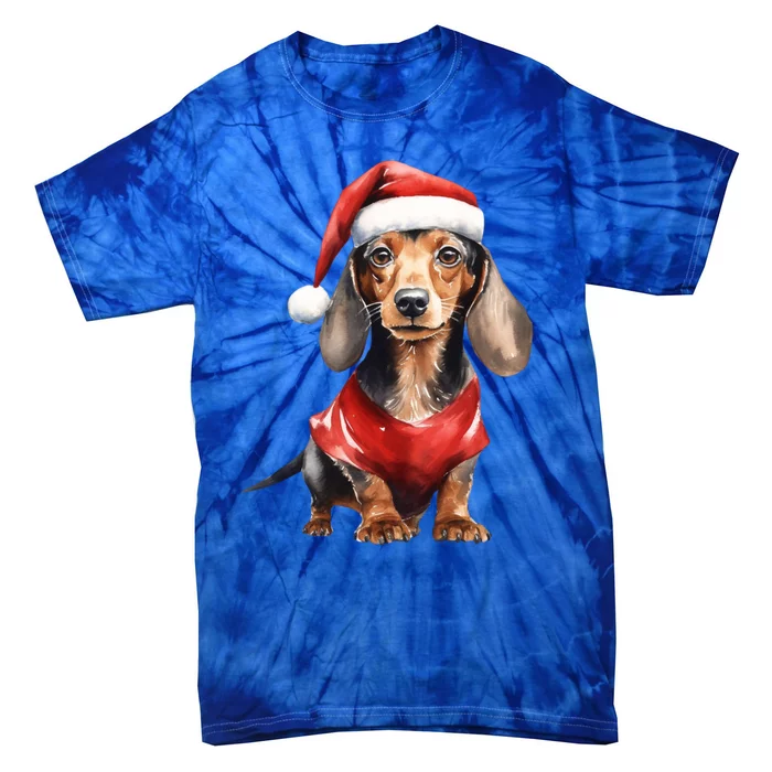 Cute Dachshund Santa Watercolor Portrait Christmas Dachshund Gift Tie-Dye T-Shirt