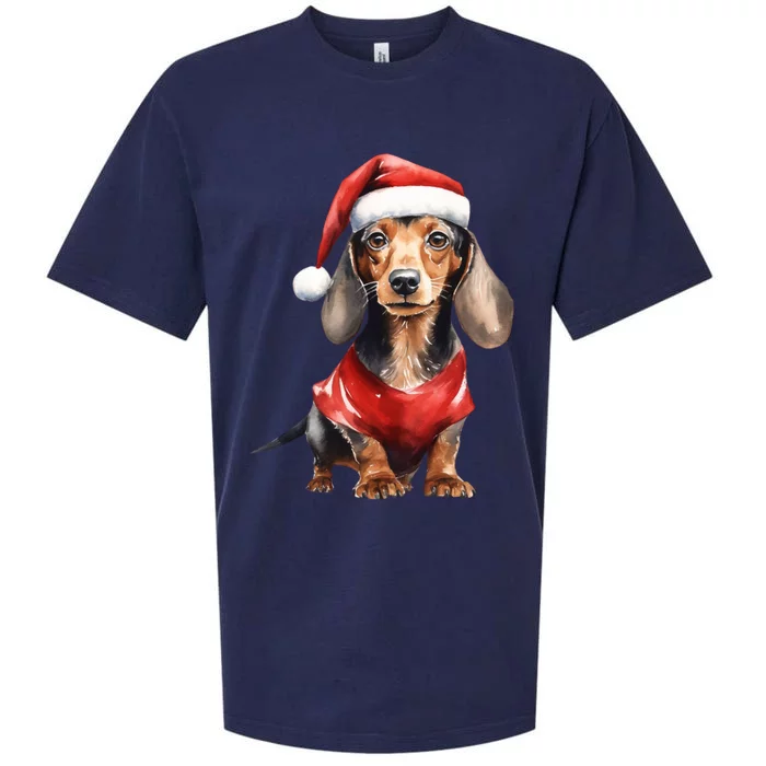 Cute Dachshund Santa Watercolor Portrait Christmas Dachshund Gift Sueded Cloud Jersey T-Shirt