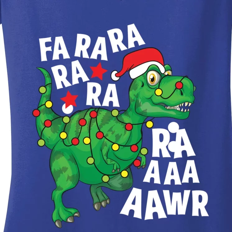 Christmas Dinosaur Santa Hat Fa Ra Ra Rawr Trex Xmas Lights Gift Women's V-Neck T-Shirt