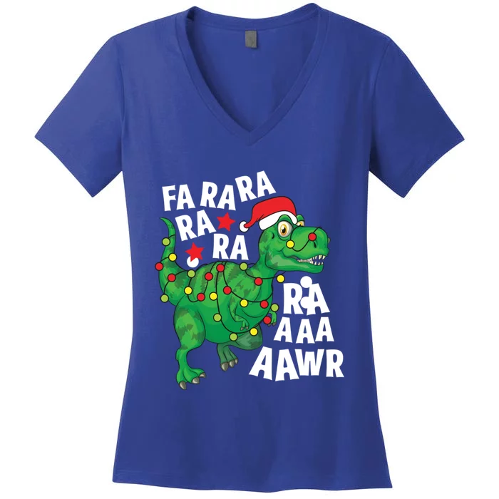 Christmas Dinosaur Santa Hat Fa Ra Ra Rawr Trex Xmas Lights Gift Women's V-Neck T-Shirt